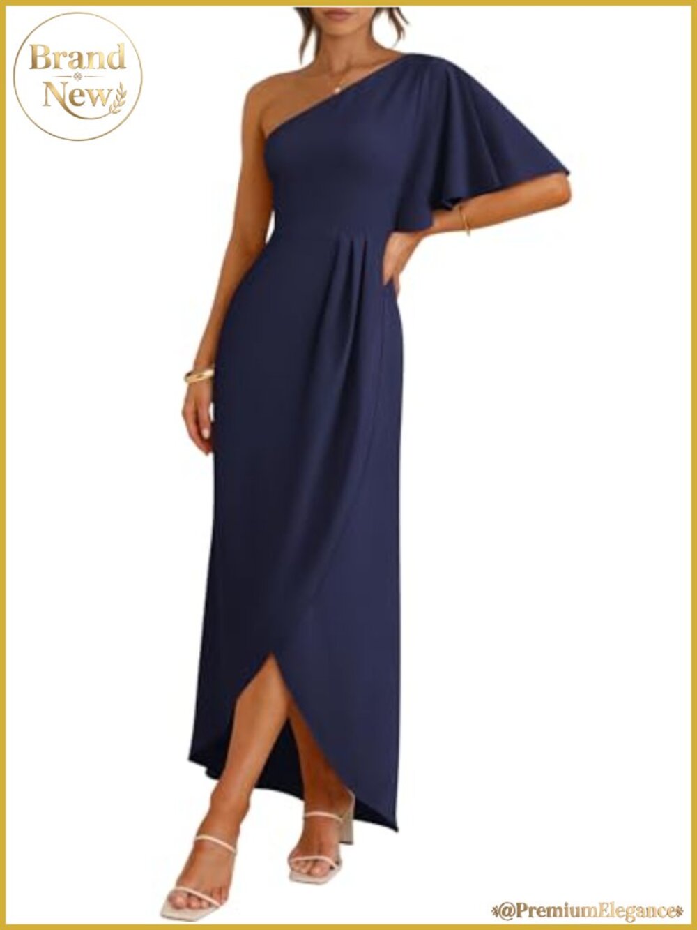 Women's One Shoulder Wrap Midi Dress with Ruffled Cape Sleeve - Formal